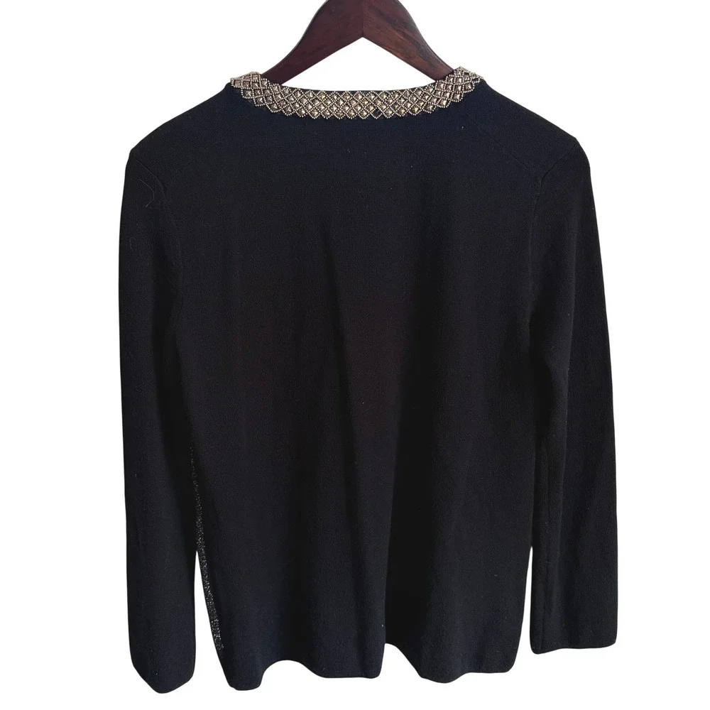 Tory Burch Merino Wool Split Neck Sweater Small Metallic Black Silver Shimmer